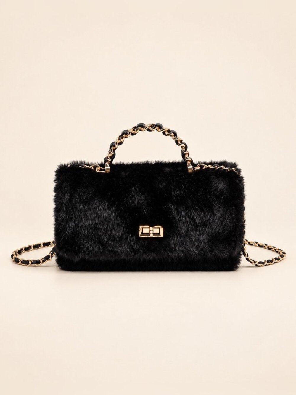 Black Lulu Faux Fur Crossbody Bag NWT Gold Chain Turn Lock Holiday Evening Purse